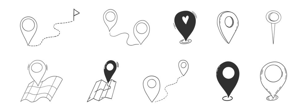 Doodle Location map distance measuring and pin set. Pin line hand drawn for planner or map. Gps Navigation Markers pinpoints, tags, flag icons. 