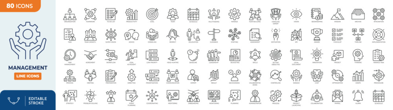 Management icon set. Containing management, teamwork, administration, strategy, leadership, business, planning, employee, and more. Outline icons collection. Editable stroke. Vector illustration