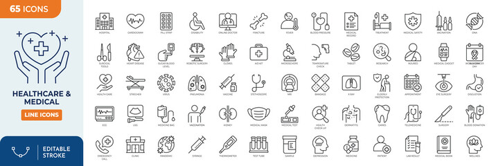 Healthcare & Medical icon set. Contain icons related to healthcare, medical, medicine. Outline icons collection. Editable stroke. Vector illustration © Cetacons