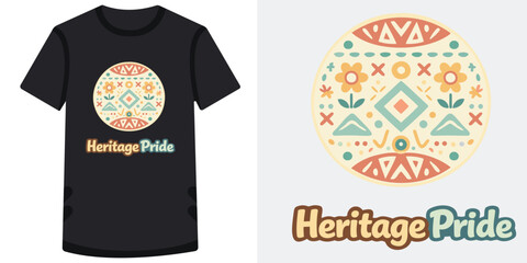 Colorful heritage pride tshirt design featuring intricate geometric and floral patterns in a circular emblem for cultural celebration events © md