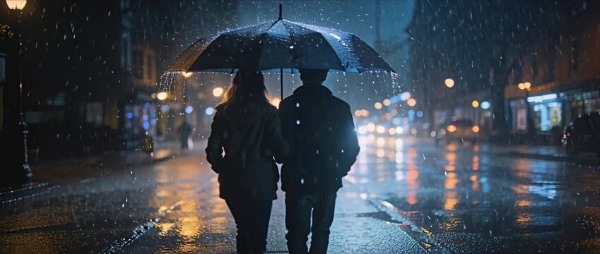 Couple umbrella rain night city street romance love connectioneering moment under soft light as wet pavement shine and quiet traffic blur while silhouette reflection glows in rainy urban evening walk
