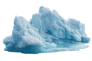 Obraz premium Jagged blue iceberg with textured ice formations isolated on transparent background. Arctic iceberg melting in blue ocean water isolated on white background.