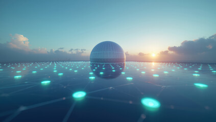 Obraz premium Digital sphere over luminous network grid sunrise, serene futuristic landscape with glowing