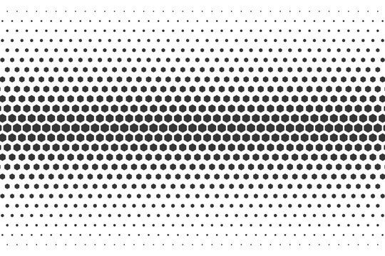 Dotted halftone pattern with hexagons with geometric gradient background. Modern vector textured fade from white to black with subtle vignette effect and tech design.