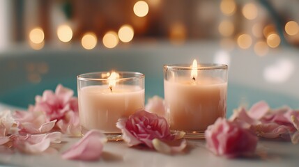 Luxury spa setting with lit candles and roses by jacuzzi bath, wellness and relaxation background