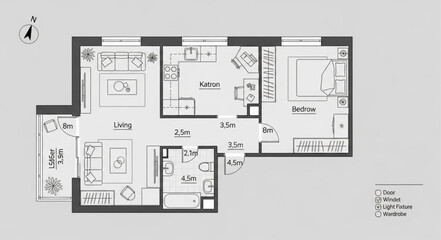 Detailed floor plan of a modern apartment with multiple rooms and features.