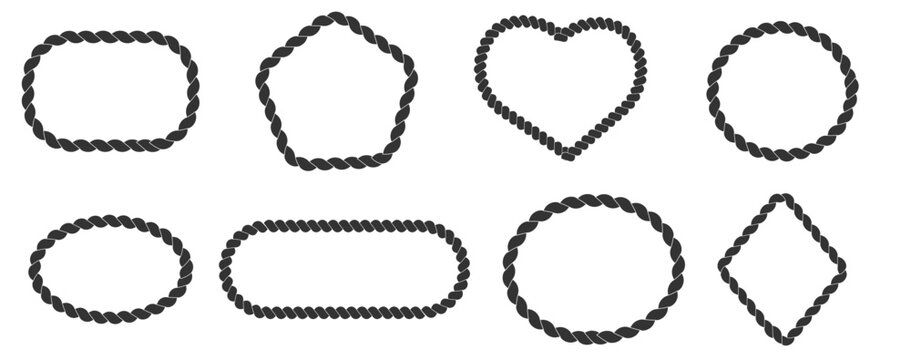 Rope frame set, heart cord. Bow with tied knot trendy frame template, border. String wreath with loops. Outline nautical style 