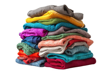 A colorful stack of folded knitted blankets and scarves isolated on transparent background. Neatly folded stack of colorful knitted sweaters and clothes isolated on white background.