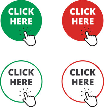 Red and green round click here button on a white background