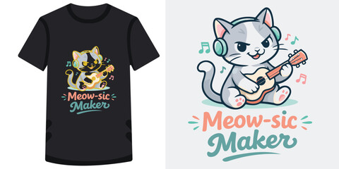 Cute cartoon cat playing guitar with headphones and musical notes perfect for music lovers and fun apparel designs