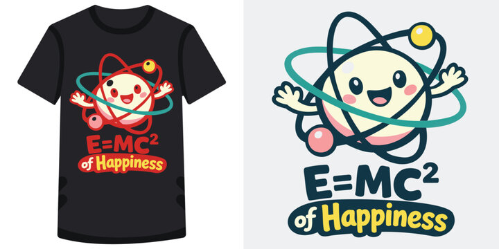 Cute cartoon atom character with smiling face and orbiting electrons on tshirt design expressing happiness and positivity with playful science theme