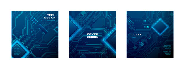 Tech background set with glowing circuit patterns and blue digital waves. AI chip or semiconductor. Modern template for social media posts, banners, and corporate presentations. Vector illustration