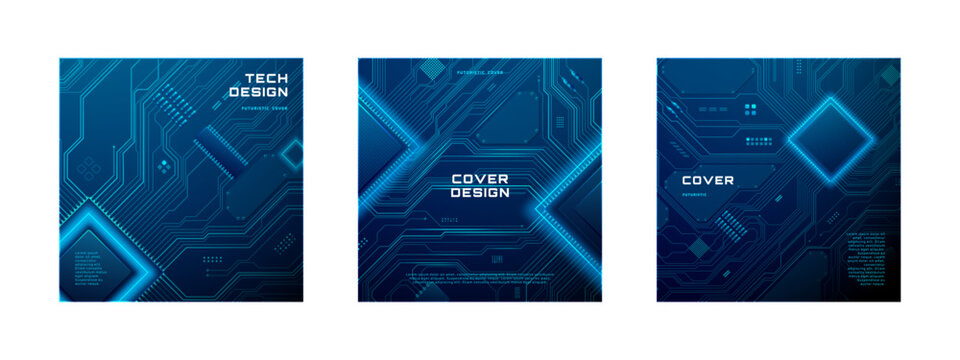 Tech background set with glowing circuit patterns and blue digital waves. AI chip or semiconductor. Modern template for social media posts, banners, and corporate presentations. Vector illustration