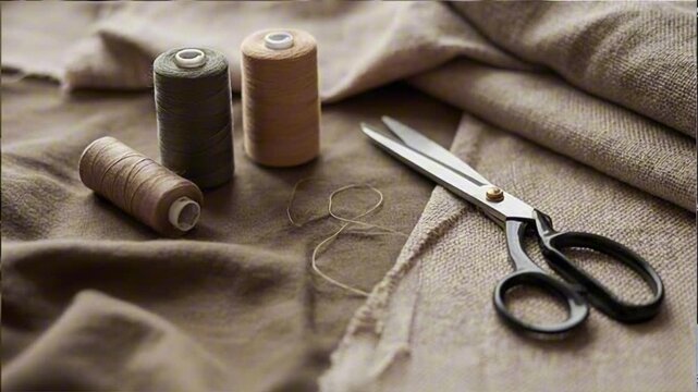 Scissors and thread spools on neutral fabric on a table., sewing tools, DIY crafting, minimal workspace, slow fashion.