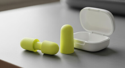 Yellow earplugs and white case on a gray surface soft lighting minimalist style close up perspective two earplugs visible simple background