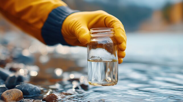 Water sample collection in glass jar by gloved hand near shoreline, environmental monitoring and pollution testing concept