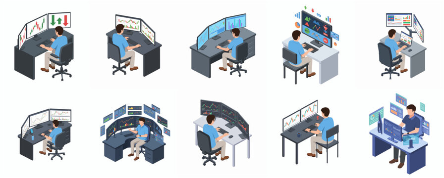 Isometric Detailed Trader Trading Stock Market on Computer Display Illustration Set