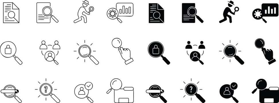 Magnifying Glass Search Icon Set, Outline and Solid Vector Symbols for Analysis, Research and Inspection