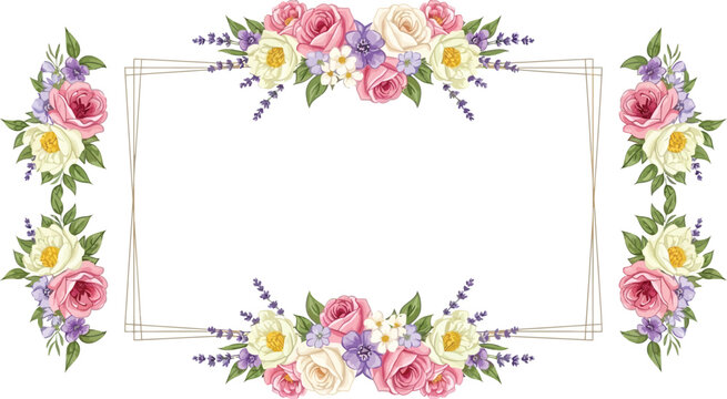 A beautiful floral frame with pink roses and purple flowers on a white background