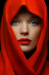 Closeup portrait of elegant woman with red lipstick and blue eyes wearing red hooded scarf, dramatic studio lighting on dark background, expressing luxury, fashion, beauty, and confidence.