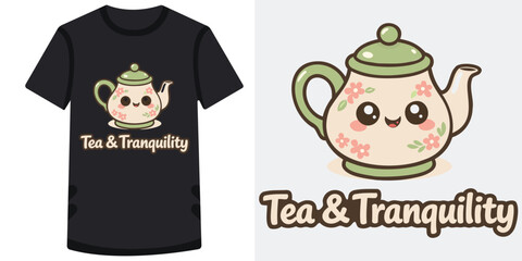 Cute kawaii teapot with smiling face and floral design on stylish black tshirt for tea lovers and relaxation themes © md