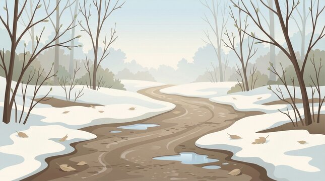 Melting snow on muddy path in flat vector style, brown and white colors, representing spring season change in a forest