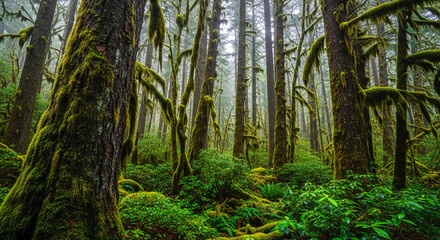 Obraz premium Mossy forest with tall trees and green undergrowth in a misty atmosphere natural scenery with moss covered trunks and branches