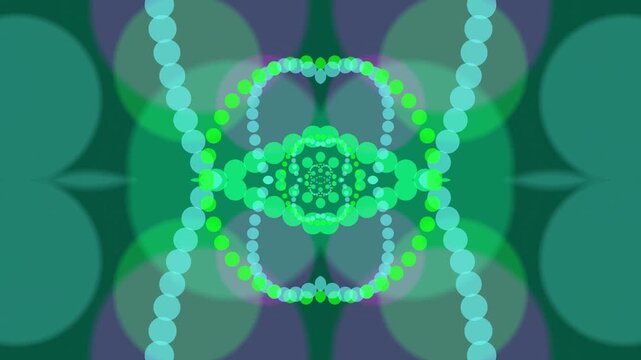 Vibrant green and blue abstract pattern with symmetrical shapes and beads on a dark background