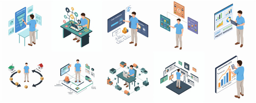 Isometric Businessman Working on Digital Screen Interface Technology Icon Set