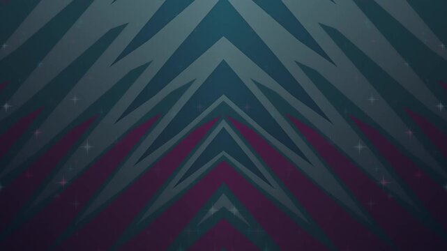 Geometric pattern of teal and purple chevrons on a dark background with a white space
