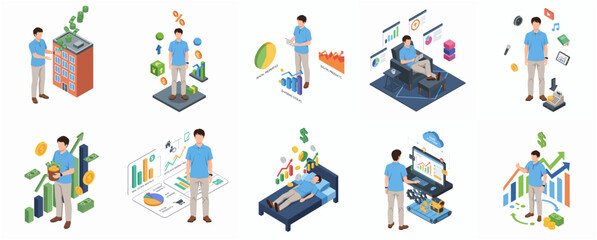 Fototapeta premium Isometric Man Achieving Financial Goals and Automating Tasks for Business Growth Concepts