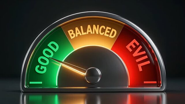 3D Animation of a Moral Compass Meter Dial Shifting Between Good, Balanced, and Evil
