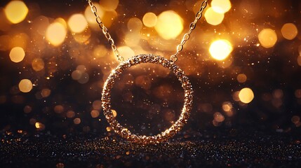 Gold circle pendant against bokeh background