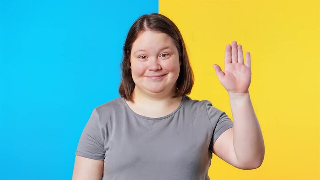 Smiling young woman with Down syndrome waving hand in greeting gesture on a colorful background.