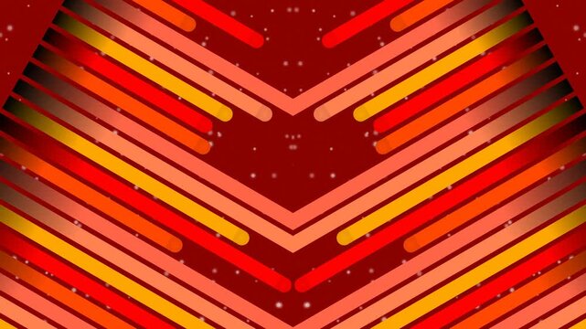 Geometric pattern of red, orange and yellow lines on a dark background with a chevron design and white dots