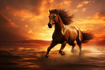 Wild horse galloping through the water under a dramatic orange sky at dusk