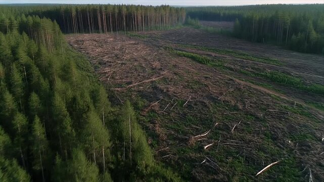 Deforested area with cleared trees and untouched forest landscape
