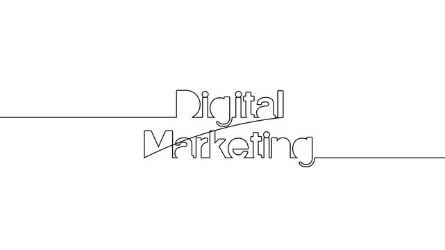 digital marketing text one line art animated continuous single line drawing of handwritten typography intro animation video, direct marketing title on black