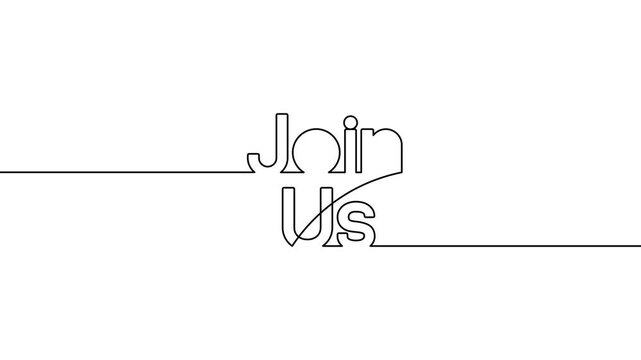 join us text one line art animated continuous single line drawing of handwritten typography intro animation video,now join here title on black white backgroud