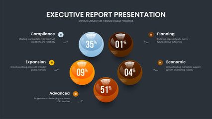 Enterprise Report Frame Template Vector Illustration. Company Launch Five Step Graph Slideshow Design. Digital Briefing 5 Element Infographic Slide Layout.
