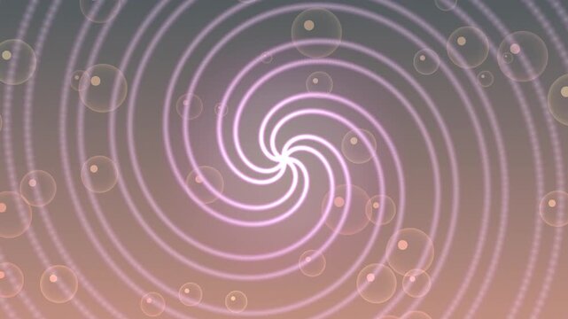 Neon spiral pattern with glowing purple lines and yellow dots on gradient background
