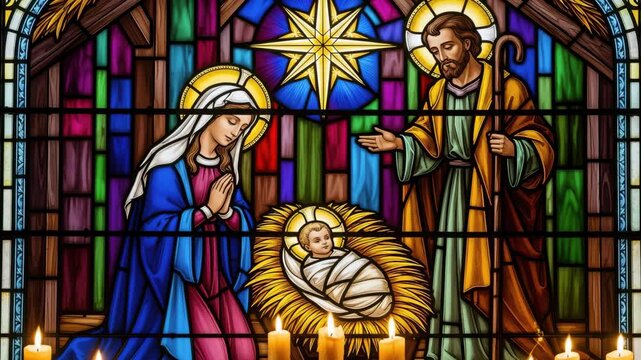 Stained glass window of the Nativity scene with Mary Joseph and baby Jesus. Burning candles with flickering flames in front of religious art. Christmas holiday concept