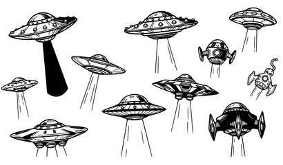 Alien UFO vector bundle hand drawn illustration for print and clipart © ema