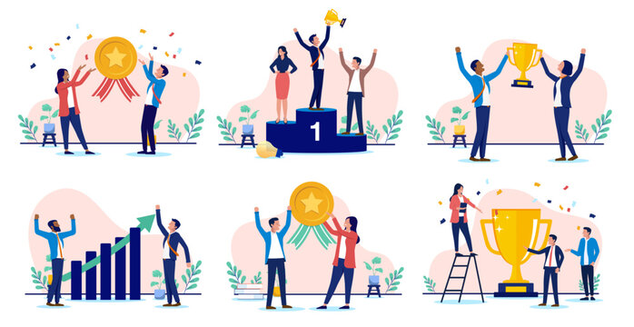 Collection of business people celebrating success with trophies, medals, and a winner podium, concept of achievement, rewards, team victory, and growth, flat design vector illustration