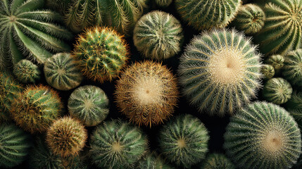 Fototapeta premium A lush collection of various spherical cacti in a detailed overhead view. Discover the intricate textures and vibrant green hues of diverse succulent species arranged in captivating botanical display