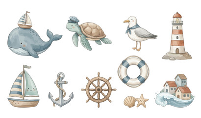 Cute watercolor nautical clipart set: whale, turtle, seagull, lighthouse, sailboat! Collection of Vector illustrations. Perfect for invitation, card, poster, banner, decoration  © maria
