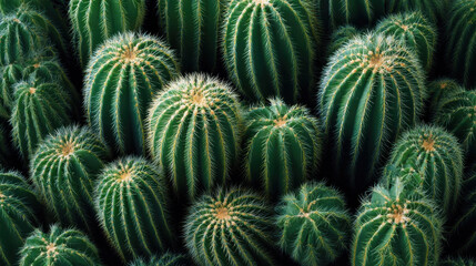 Obraz premium Close-up view of a dense cluster of vibrant green barrel cacti with sharp spines. A detailed, overhead perspective showcases the intricate textures and patterns of numerous barrel cacti