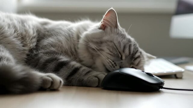 Adorable tabby cat sleeping soundly on a computer mouse at a desk. Generative AI