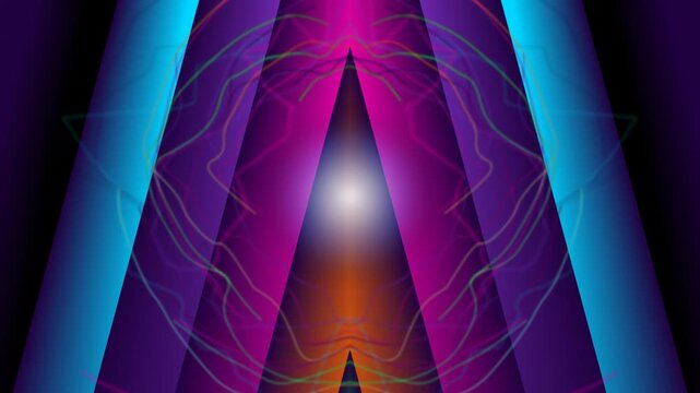 Vibrant abstract illustration of glowing light through triangular prism with neon colors and futuristic design elements