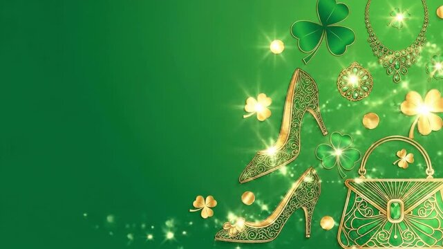Green and gold women accessories Saint Patrick Day festive background. Elegant celebration for holiday event.